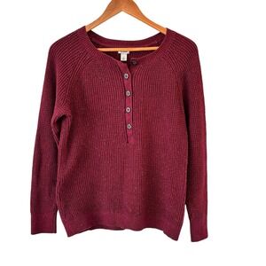 L.L. Bean Waffle Knit Henley Sweater Womens S Organic Cotton Burgundy Speckled